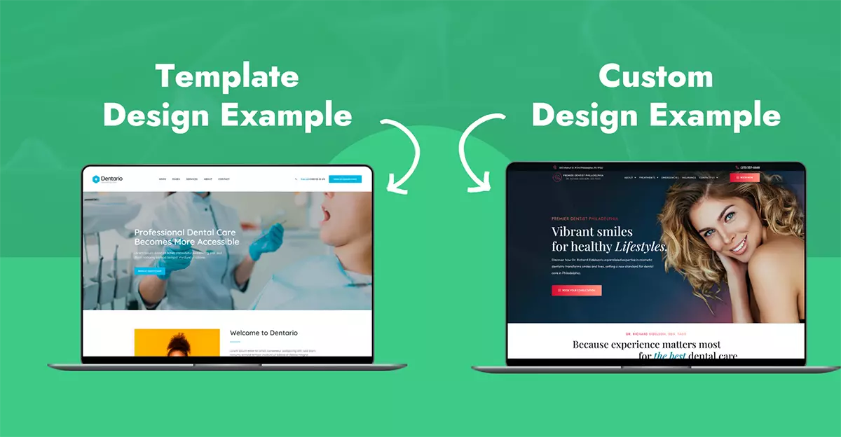 Template website design example vs custom dental website design example