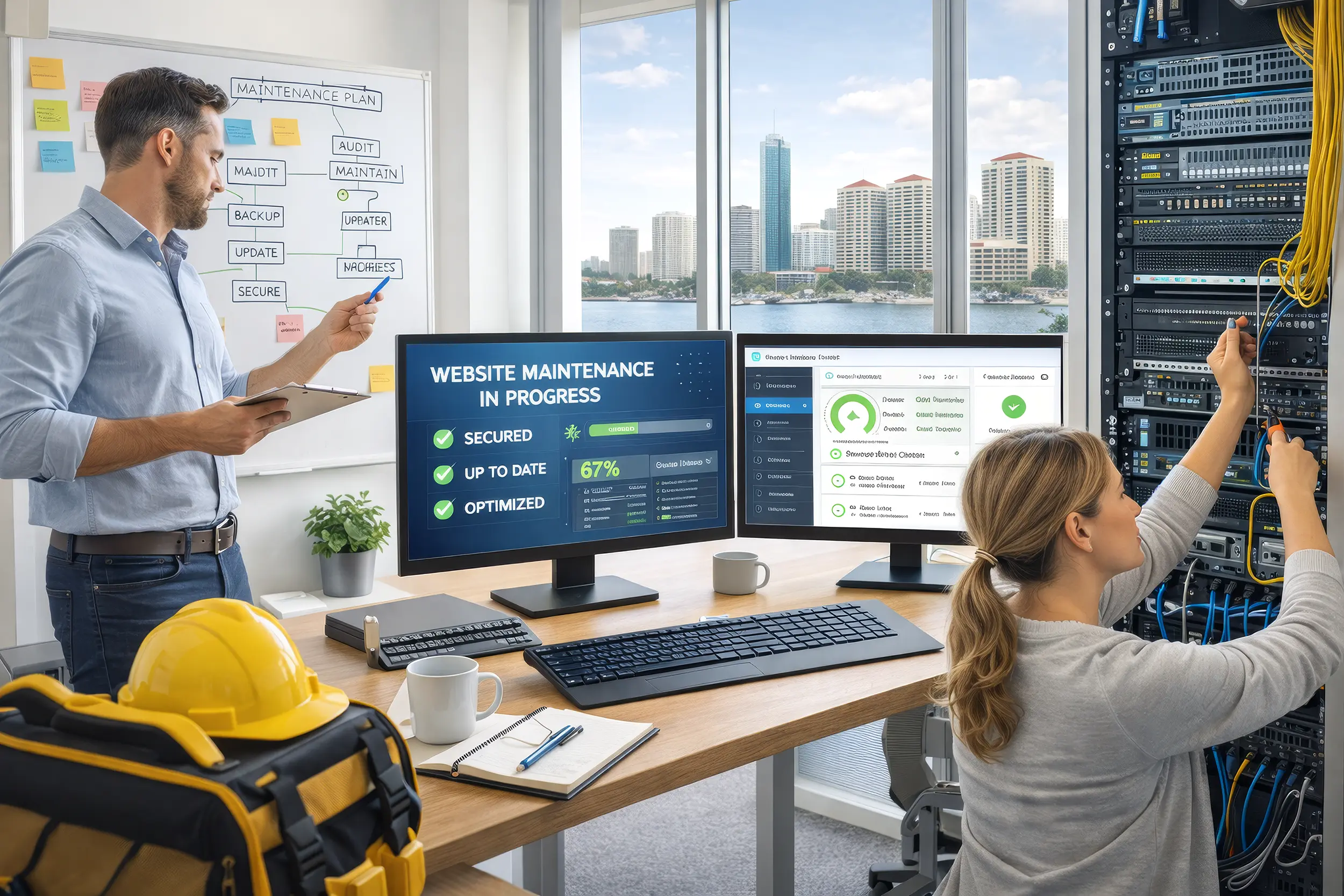 Website maintenance team managing updates, uptime, security and server performance