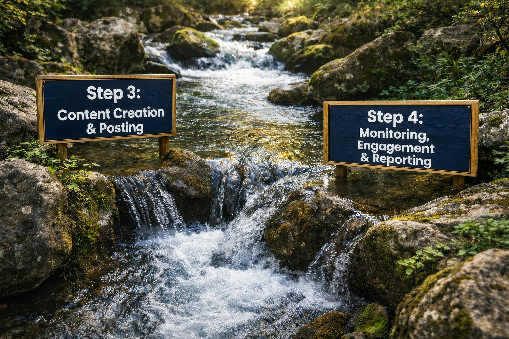 Social media management process steps, content creation, posting and reporting