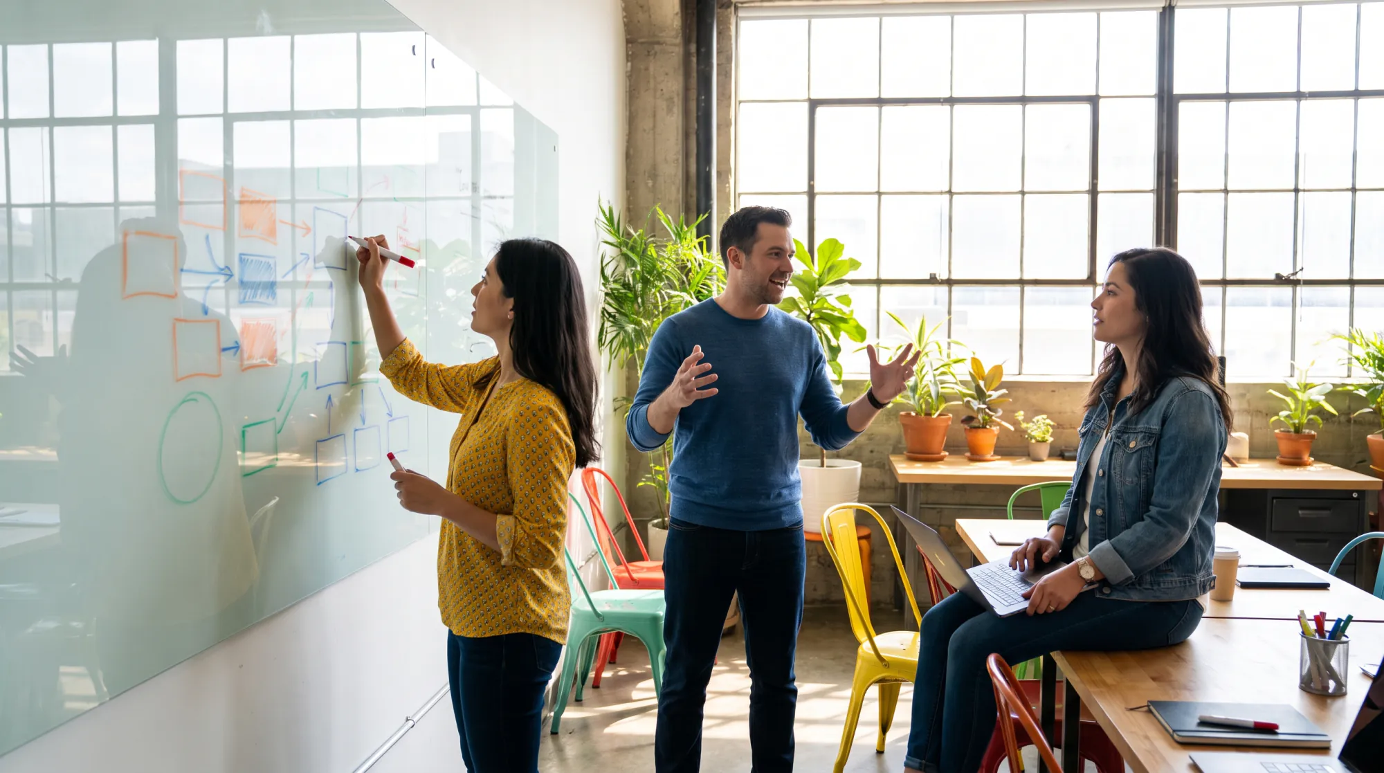 Team planning a content strategy on a whiteboard