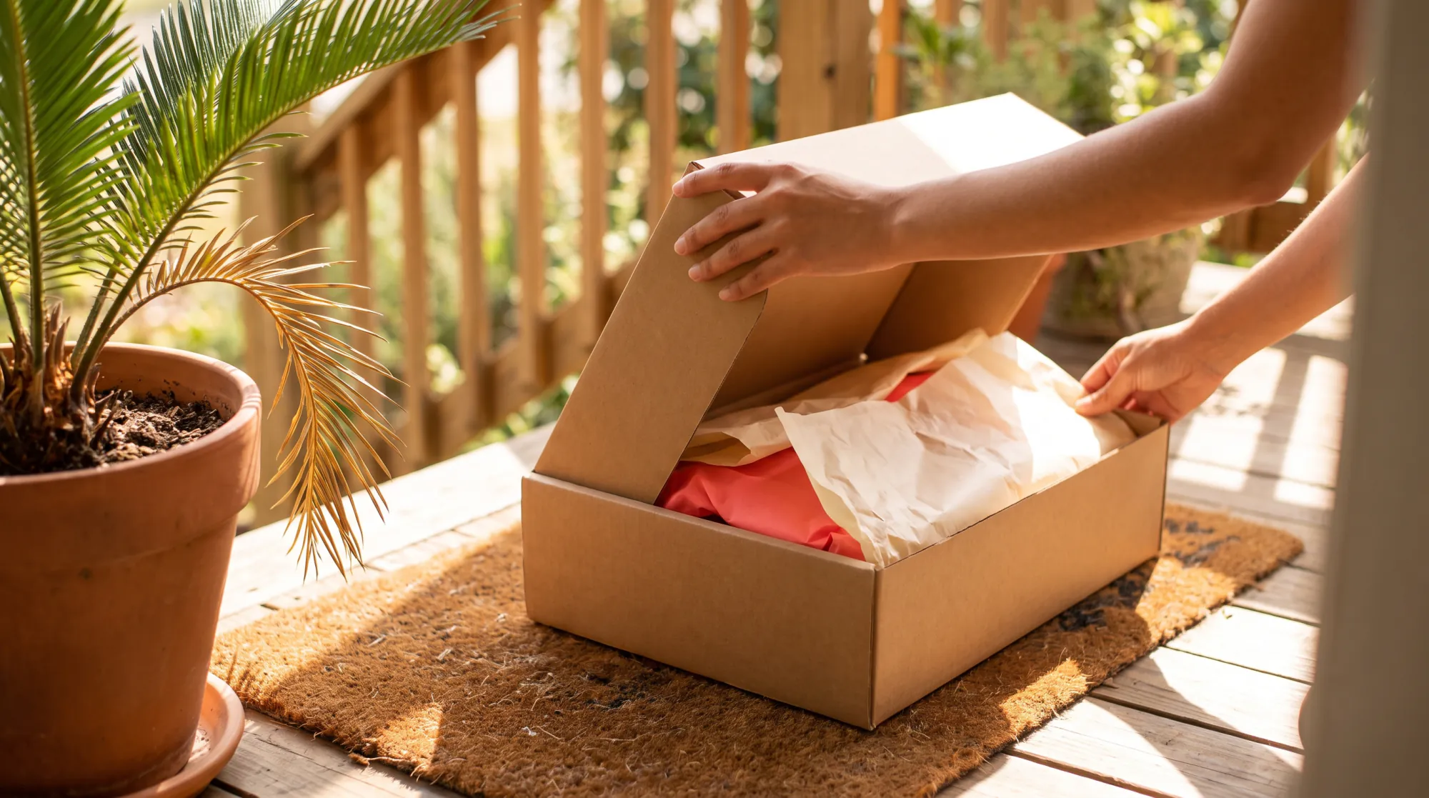 Customer unboxing a delivered parcel on the doorstep