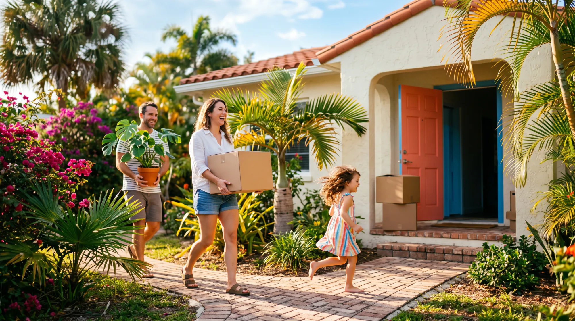 Family carrying boxes into their new home