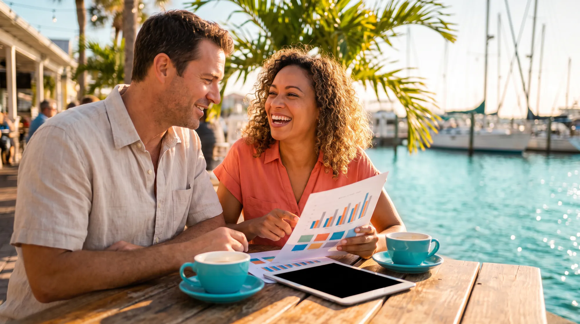 Two people reviewing accessibility audit results together at a waterfront table