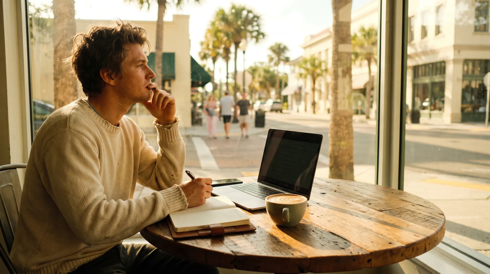 Writer drafting a blog post at a cafe table