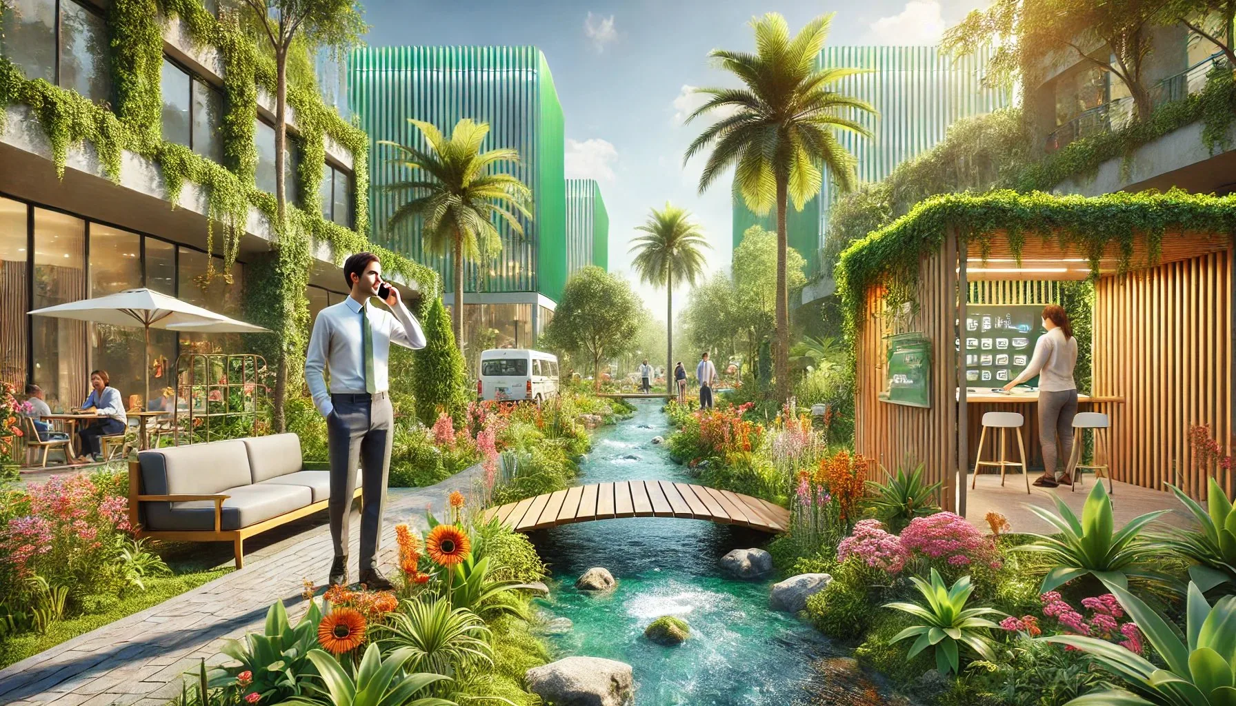 Sitespring team member on the phone in a green Sarasota streetscape