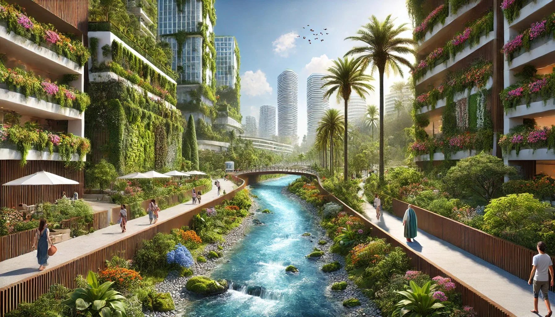 Green, walkable Sarasota cityscape with a stream running through it
