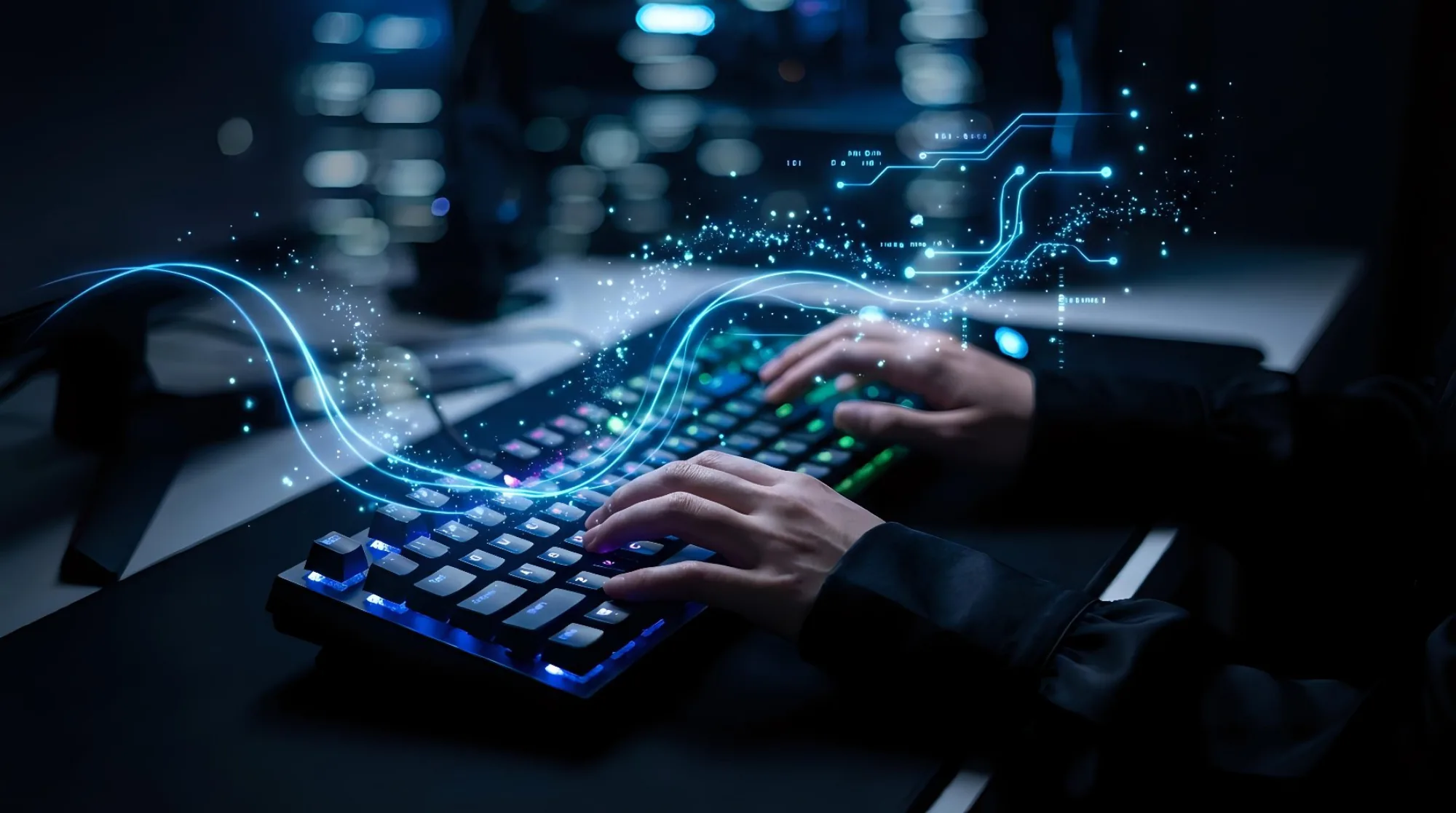Website maintenance and support from a Sarasota custom web design company, hands on a backlit keyboard