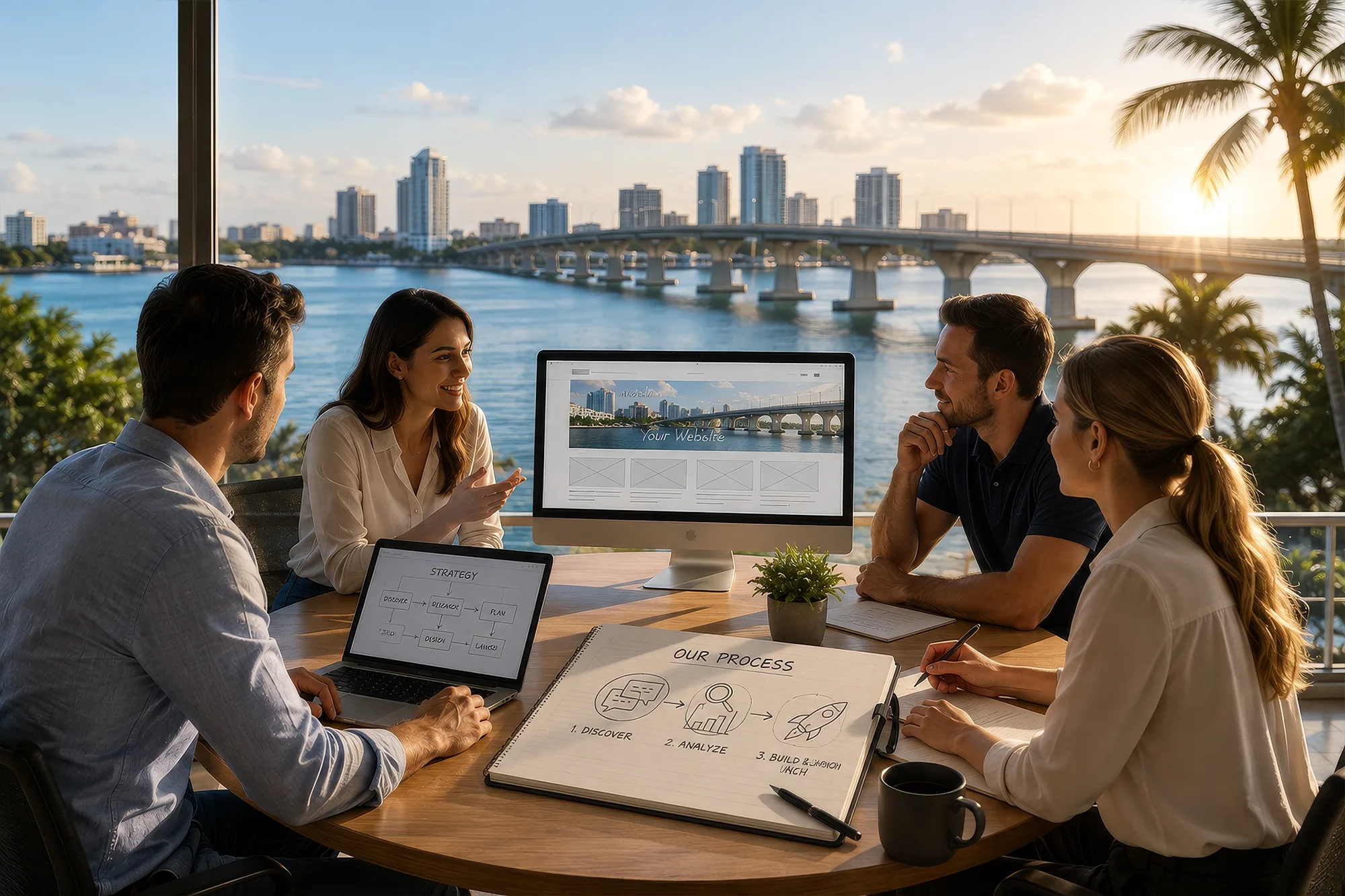 Our custom web design process, the Sitespring team reviewing a Sarasota project at the office