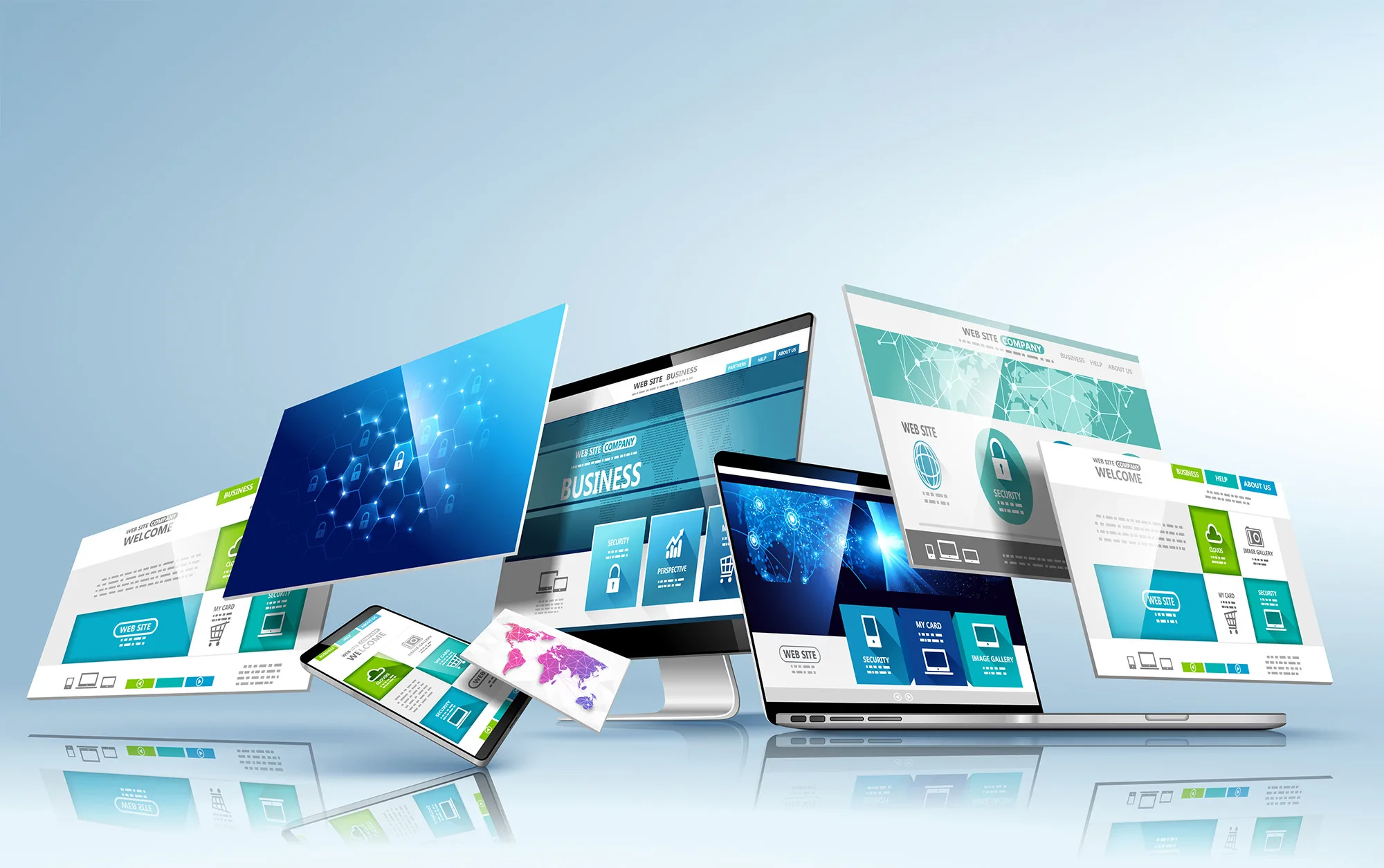 Custom web design services in Sarasota shown responsively across desktop, laptop, tablet and phone