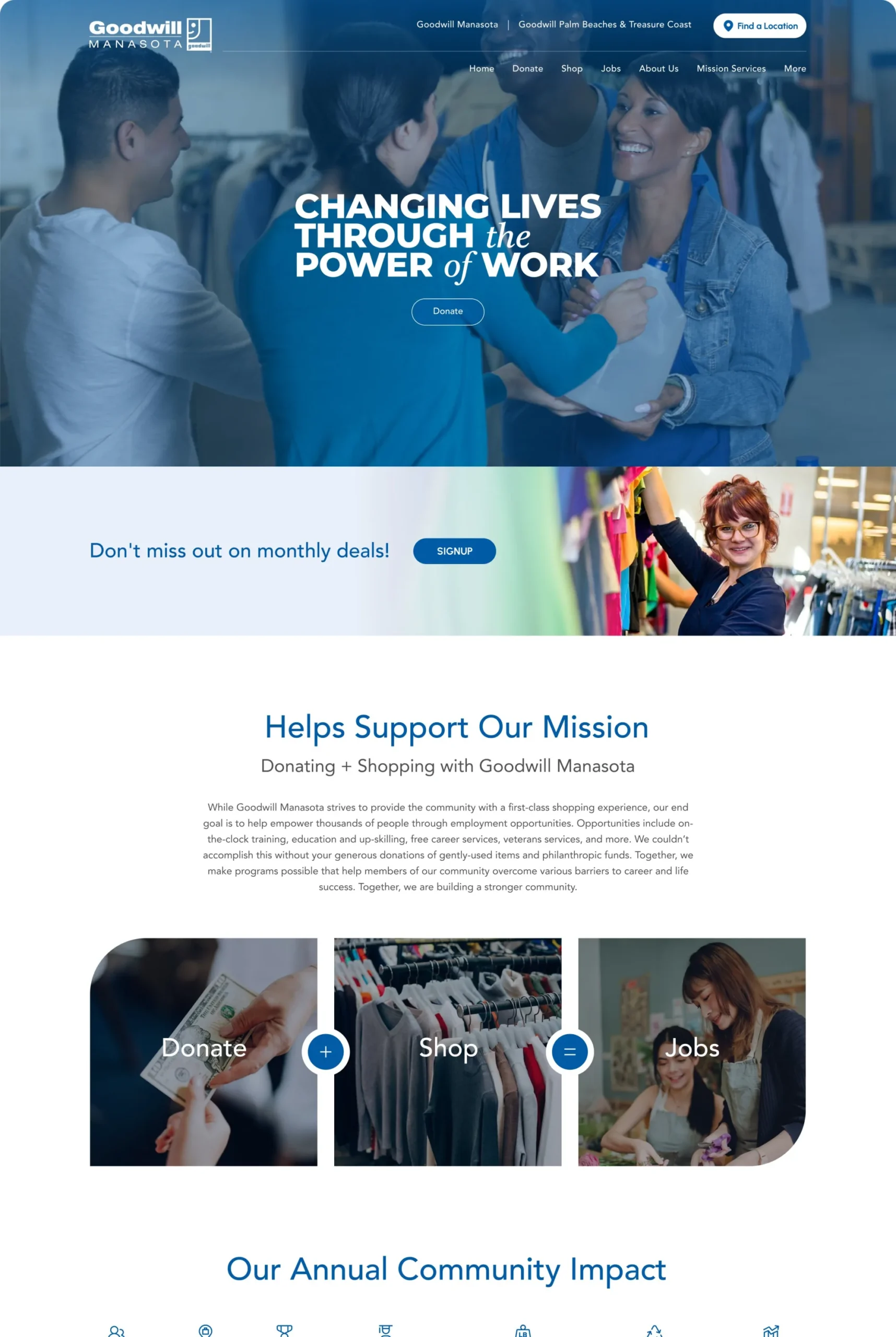 Goodwill Manasota homepage: Changing Lives Through the Power of Work hero, monthly deals bar, and the Donate, Shop and Jobs pathways