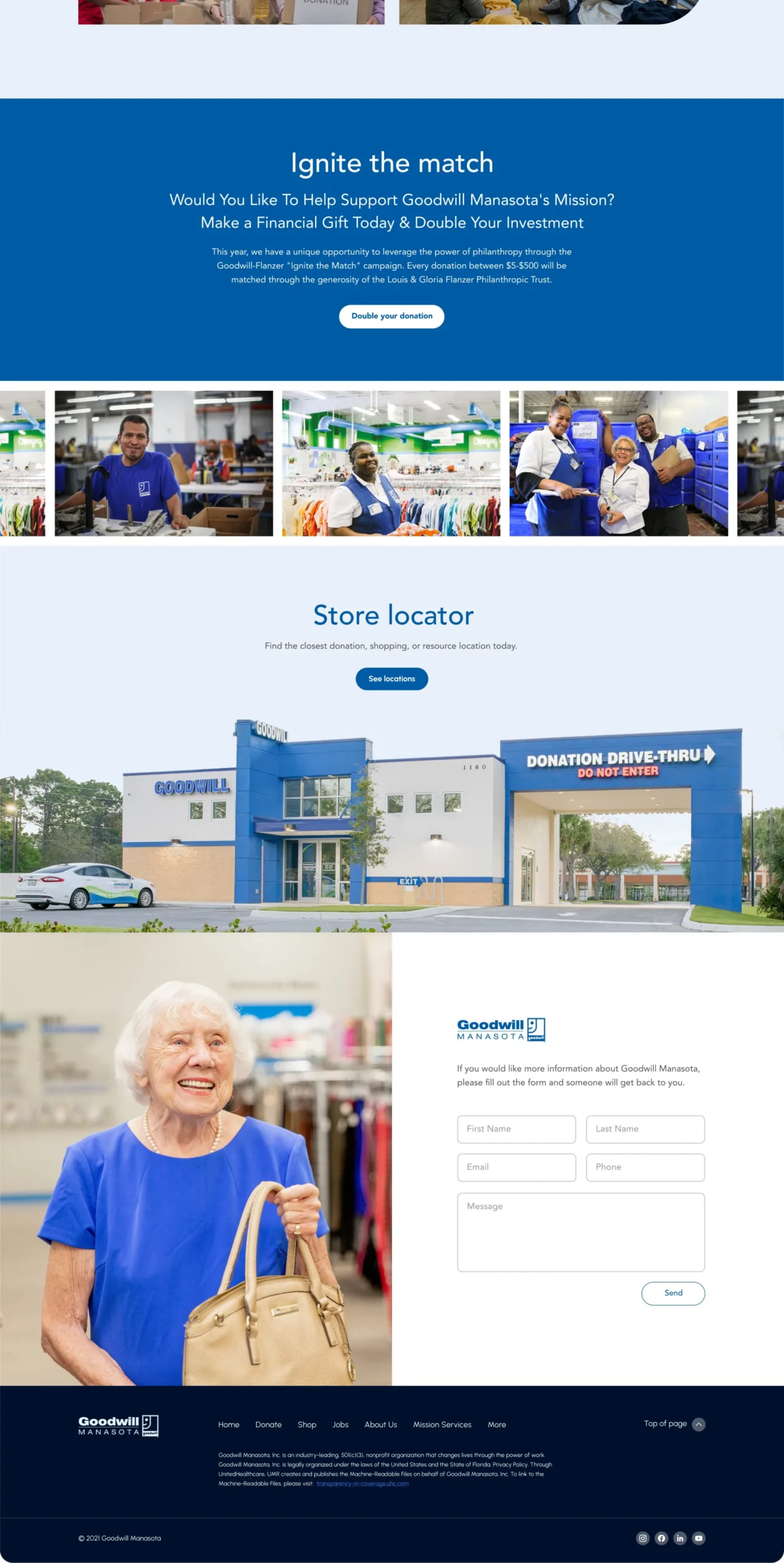 Goodwill Manasota homepage: Ignite the Match donation campaign, store locator and contact form