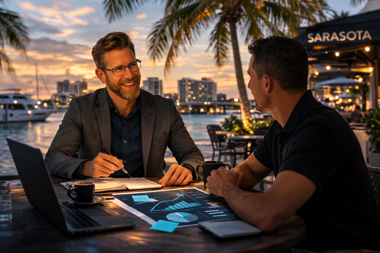 Sitespring account manager reviewing a Sarasota social media advertising campaign with a client