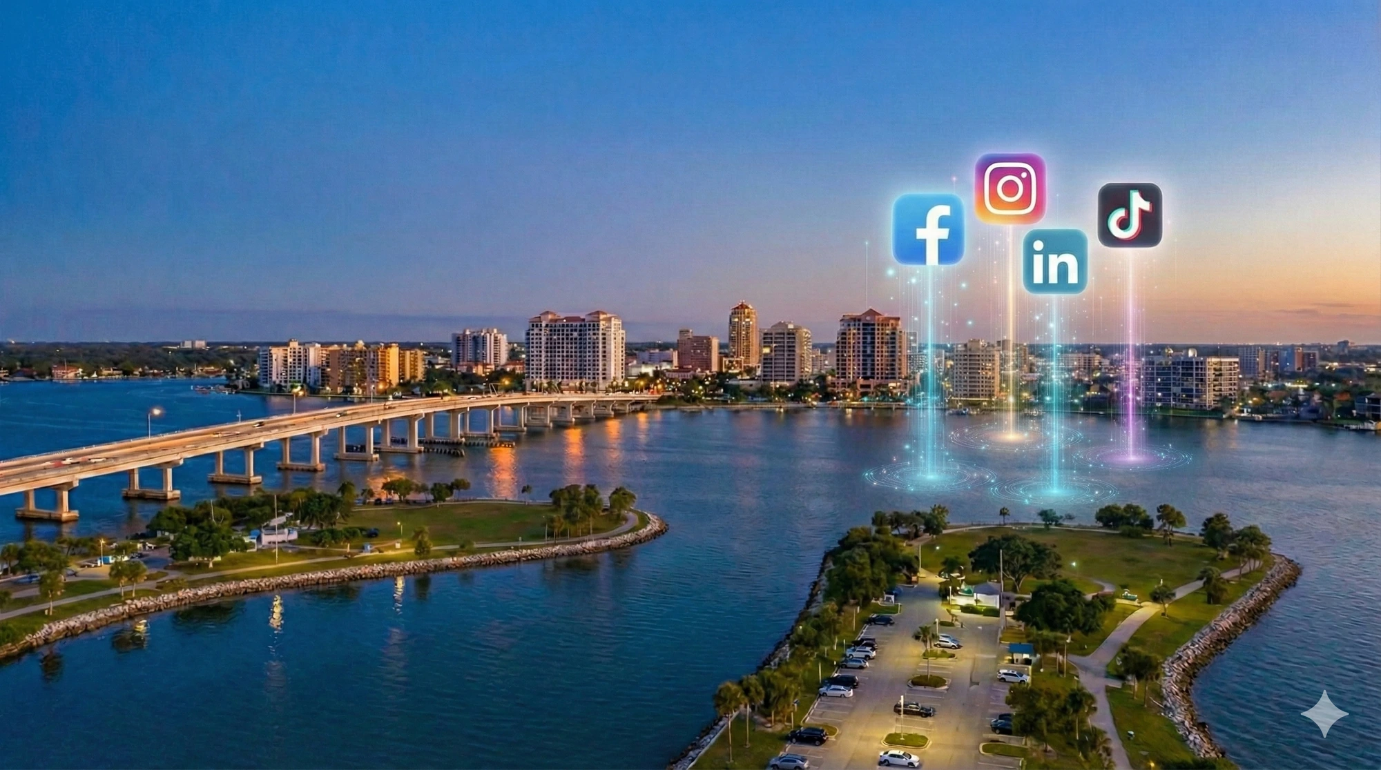 Social media advertising agency in Sarasota with the bayfront skyline and social platform icons