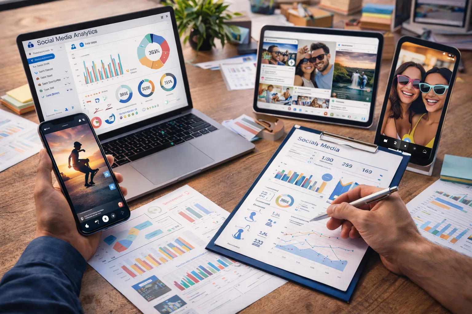 Social media management Sarasota reporting dashboards on a working desk