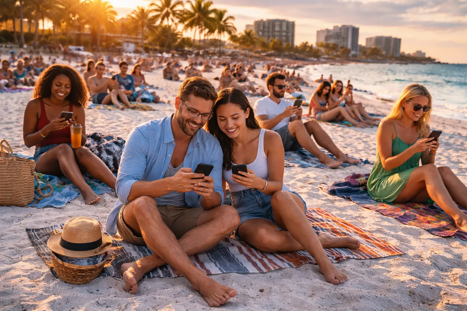 Social media management in Sarasota, friends on the beach at sunset sharing social posts